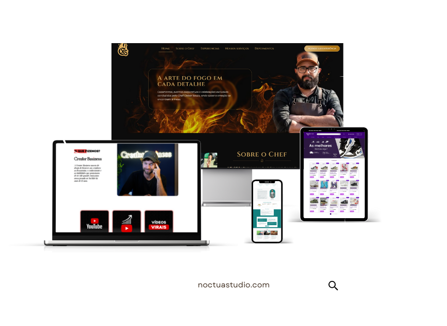 Criação de sites profissionais em WordPress e Elementor mostrando notebook e celular com layout responsivo - Noctua Studio