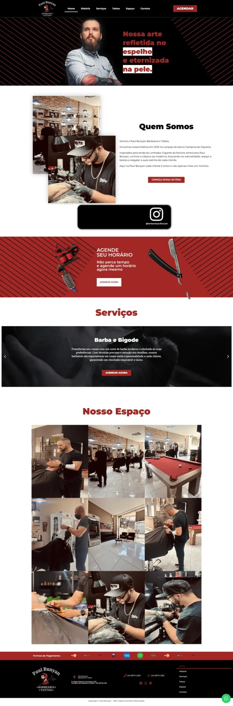 Página inicial do site da barbearia e estúdio de tatuagem Paul Bunyan